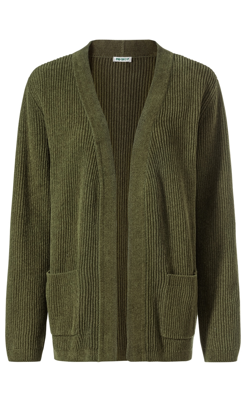 Baumwoll-Strickjacke in olivgrün mit grobem Rippstrickmuster, offenem V-Ausschnitt, langen Ärmeln und zwei aufgesetzten Taschen vorne