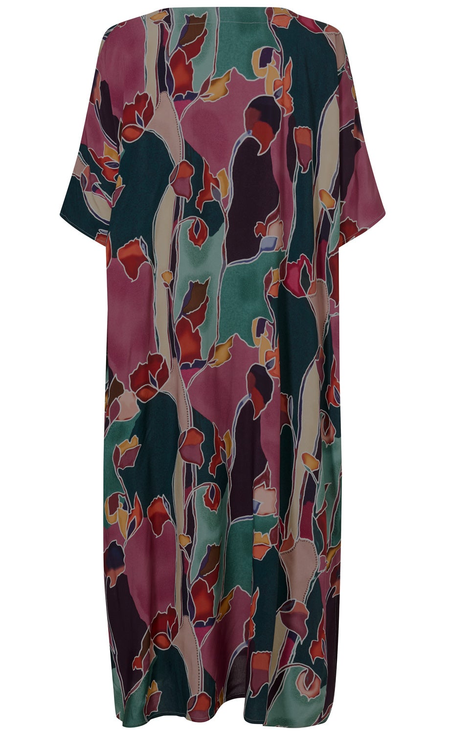 Viskose-Kaftan mit lockerem Schnitt, halblangen Ärmeln, abstraktem floralen Muster in Rot-, Grün-, Violett- und Beigetönen, fließender Stoff, knielang, Rückansicht
