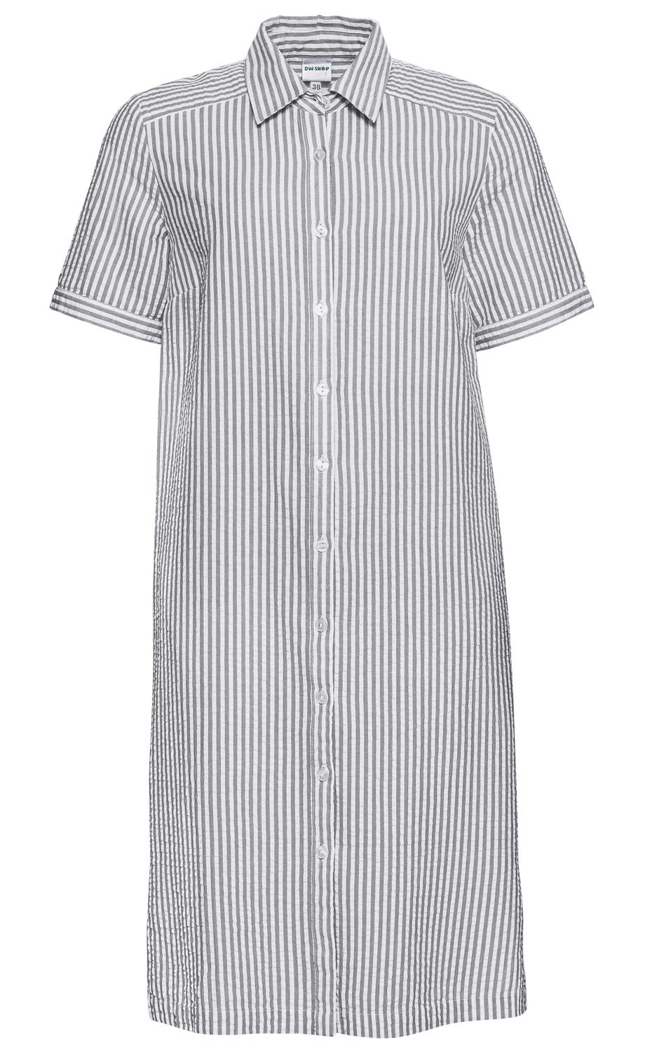 Baumwoll-Kleid mit kurzen Ärmeln, Hemdkragen und durchgehender Knopfleiste, graue und weiße senkrechte Streifen, gerade Passform, schlichtes Design, Größe 38, leichter Stoff
