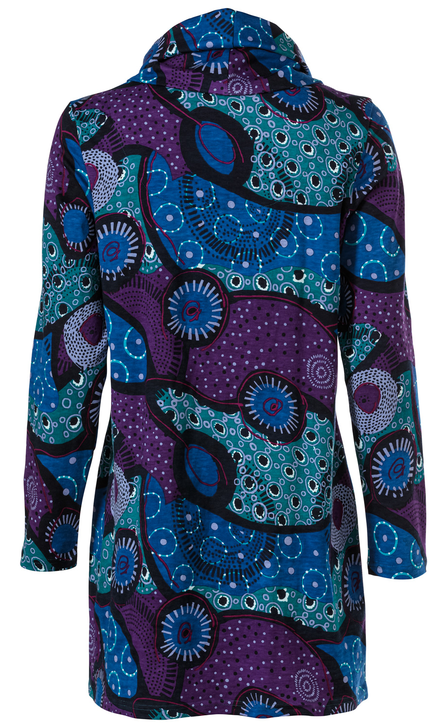 Baumwoll-Mix Shirt mit langem Arm, Rückansicht, bunter abstrakter Muster-Mix in Blau, Türkis, Lila und Schwarz, Kapuze, lockere Passform, leichte Falten am Stoff