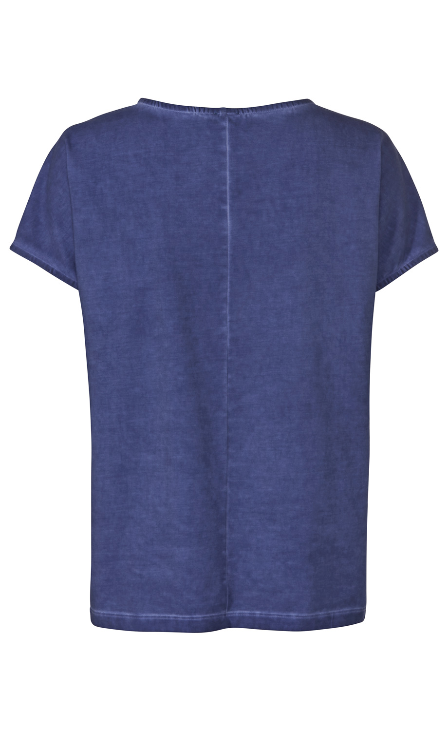 Baumwoll-Mix-Shirt in dunkelblau, Rückansicht, kurzärmlig, gerade geschnitten, Naht in der Mitte, leichter Used-Look, elastischer Rundhalsausschnitt, lässiger Stil