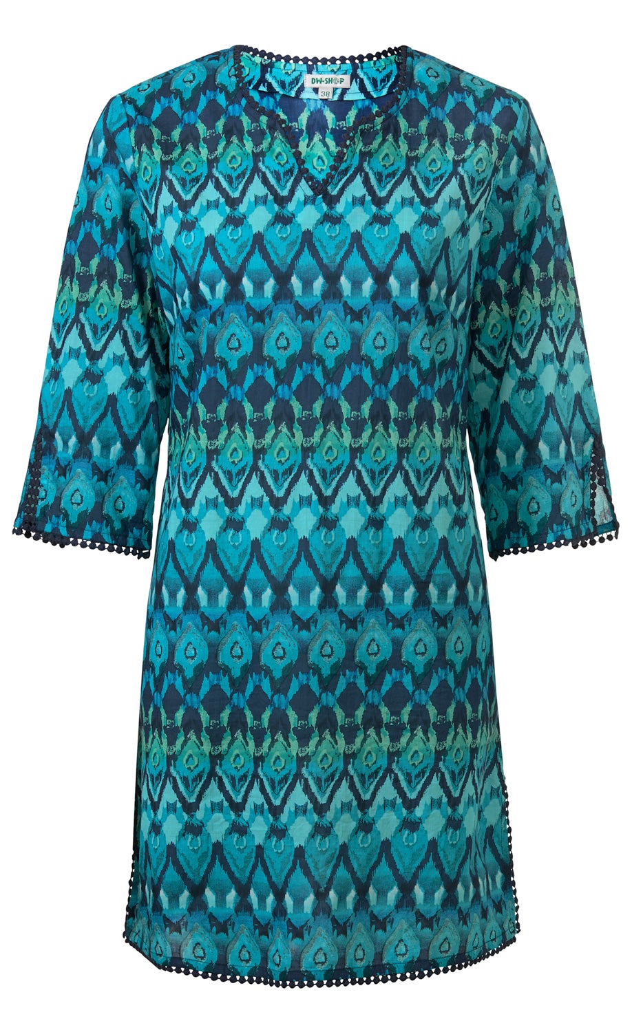 Baumwoll-Kleid in Blau- und Türkistönen mit dreiviertelärmeln, V-Ausschnitt und geometrischem Muster, dekorative Spitzenborte an Ärmeln und Saum, lockere Passform, Größe 38.