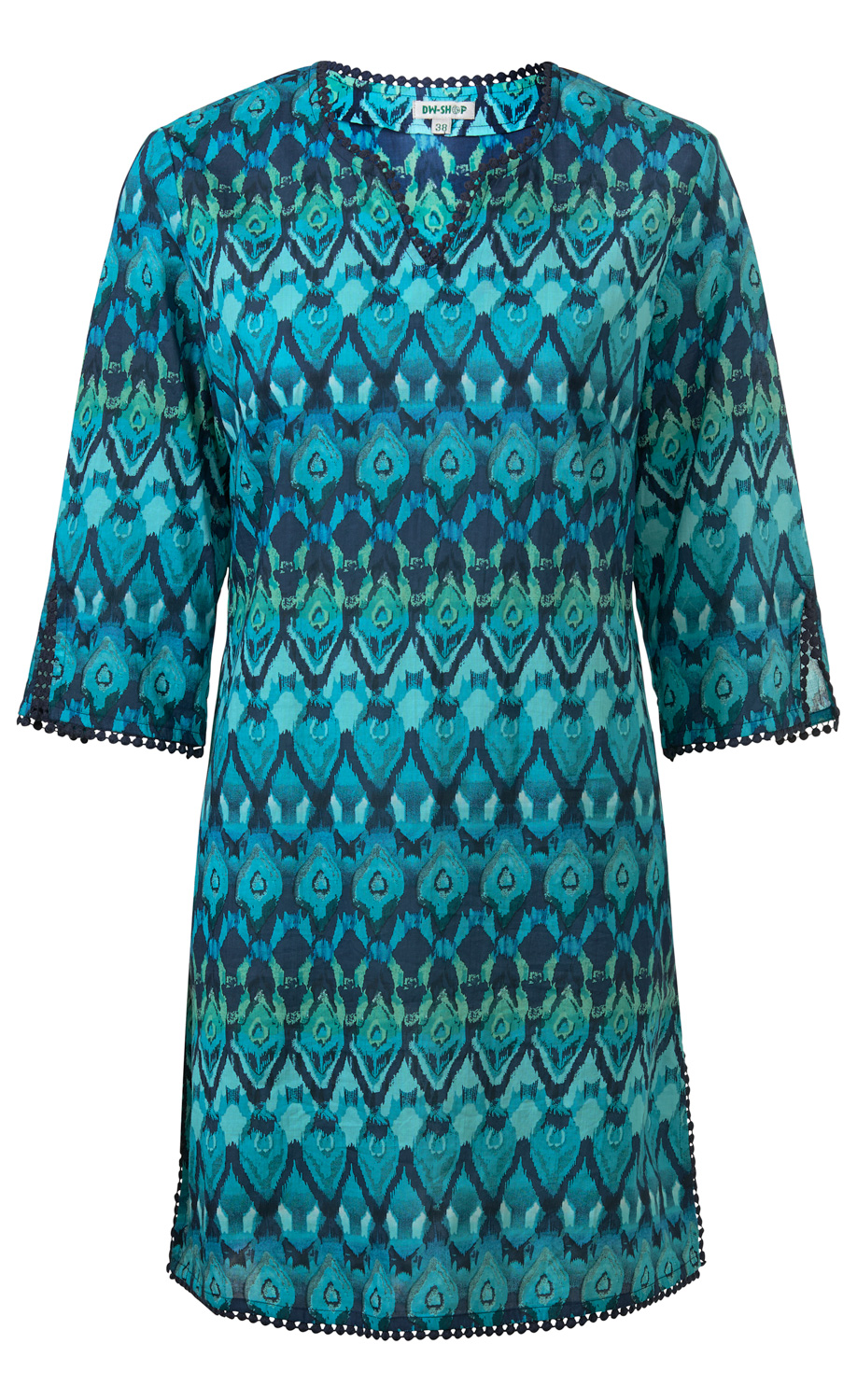 Baumwoll-Kleid in Blau- und Türkistönen mit dreiviertelärmeln, V-Ausschnitt und geometrischem Muster, dekorative Spitzenborte an Ärmeln und Saum, lockere Passform, Größe 38.