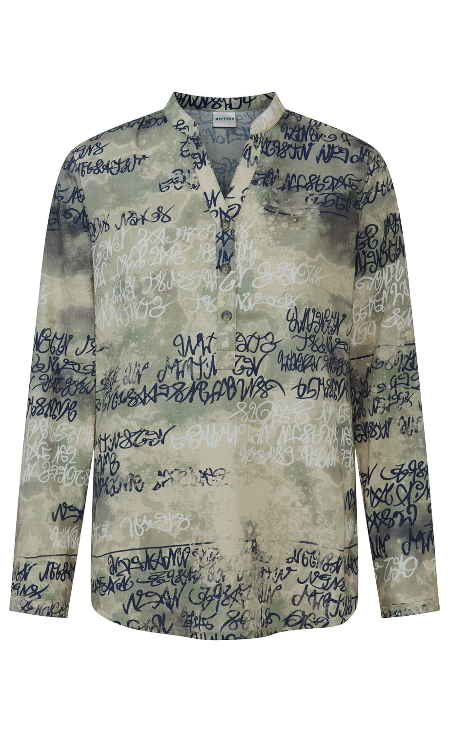 Langärmeliges Hemd in Beige- und Grautönen mit dunkelblauem und weißem Graffiti-Print, V-Ausschnitt mit kurzen Knopfleisten, legerer Schnitt, leichter Stoff