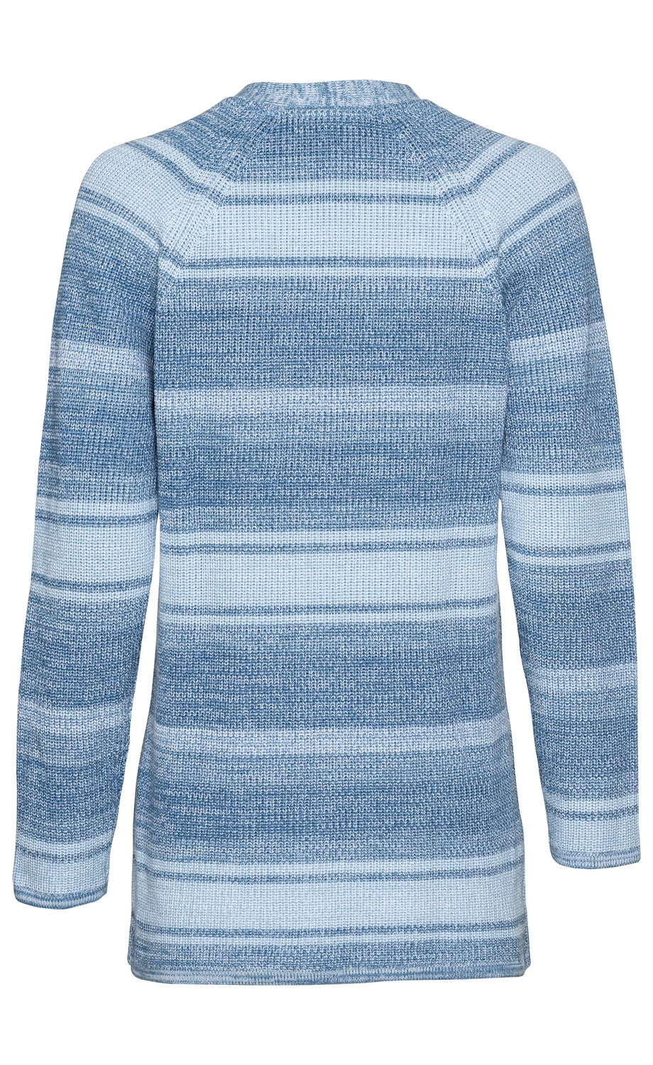 Baumwoll-Strickjacke in verschiedenen Blautönen, langärmlig, gestreift, mittellang, hinten gezeigt, weiche und strukturierte Oberfläche, gerader Schnitt, Rundhalsausschnitt, warme Strickqualität