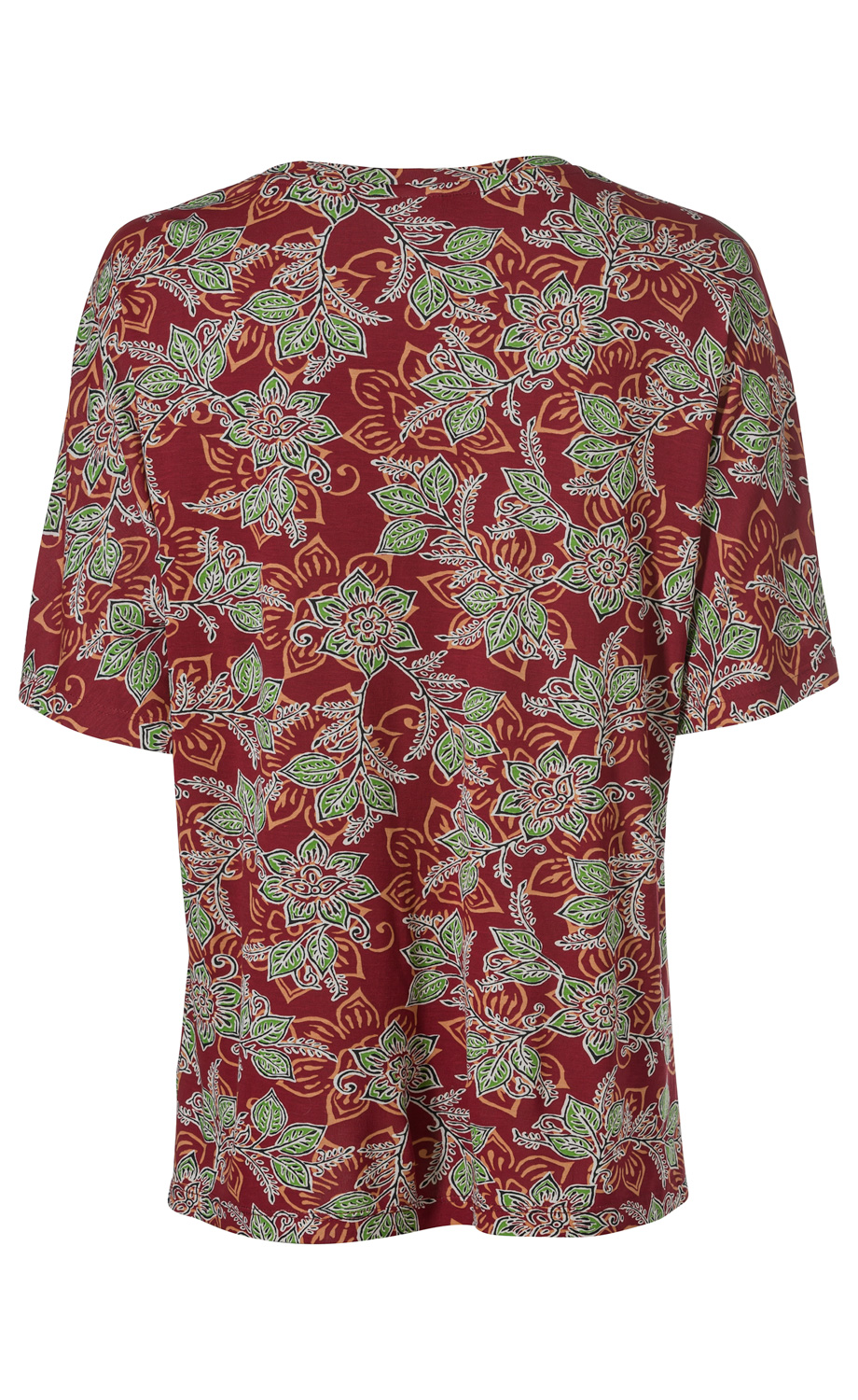 Rückansicht eines roten Viskose-Shirts mit grün-weißen Blättern und orangenen Blumenmustern, Kurzarm, locker geschnitten, leichte Falten sichtbar, nahtloser Rundhalsausschnitt