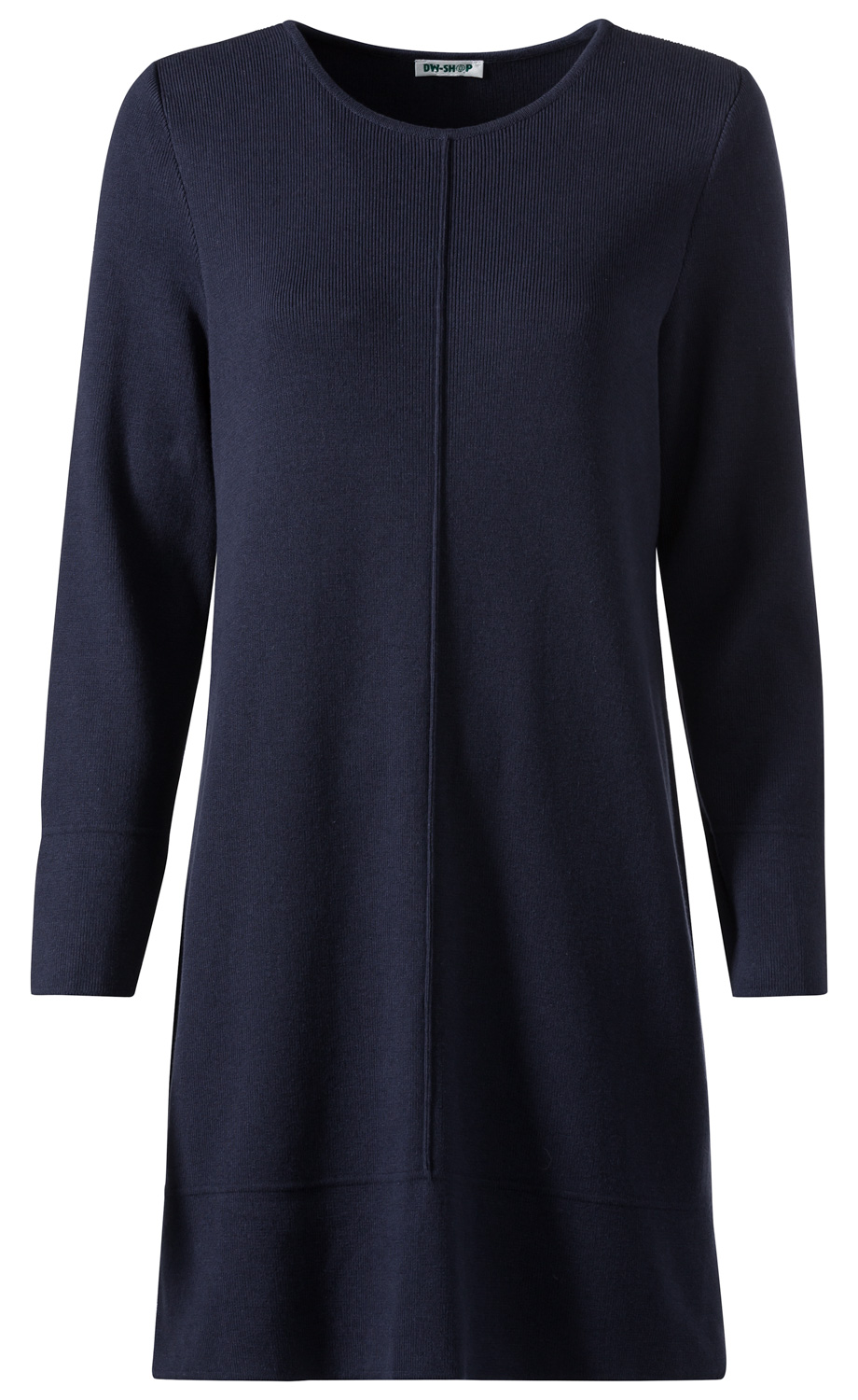 Dunkelblaues Baumwoll-Mix-Kleid mit langem Arm, Rundhalsausschnitt und leichter Taillenform, vorne mittige Naht, schlichte und zeitlose Optik