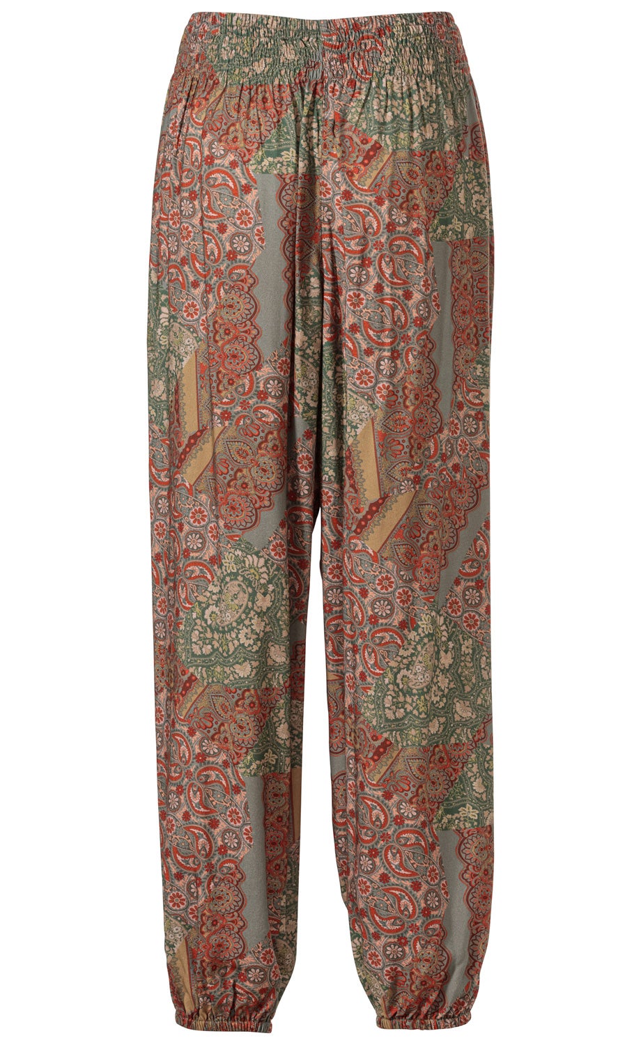 Viskose-Hose mit elastischem Bund und Beinabschlüssen, weiter Schnitt, gemustert mit abstrakten floralen und Paisley-Elementen in Rot, Grün, Grau und Beige