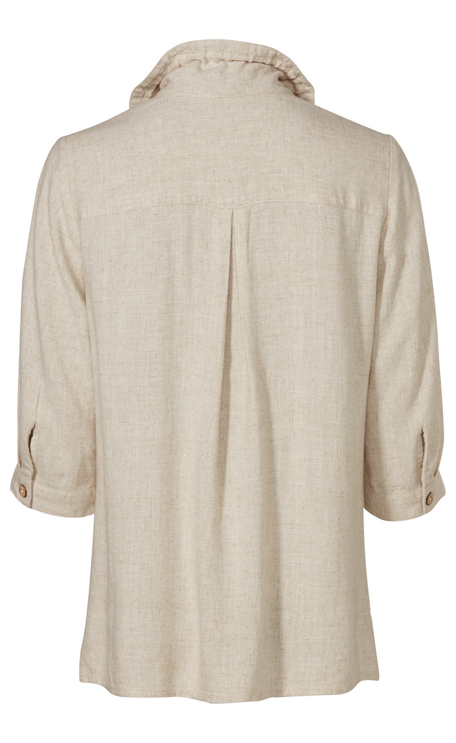 Rückenansicht einer beige Viskose-Mix-Bluse mit 3/4-Ärmeln, Rüschenkragen und Knopfmanschetten, mittlerer Kellerfalte und leicht strukturierter Oberfläche