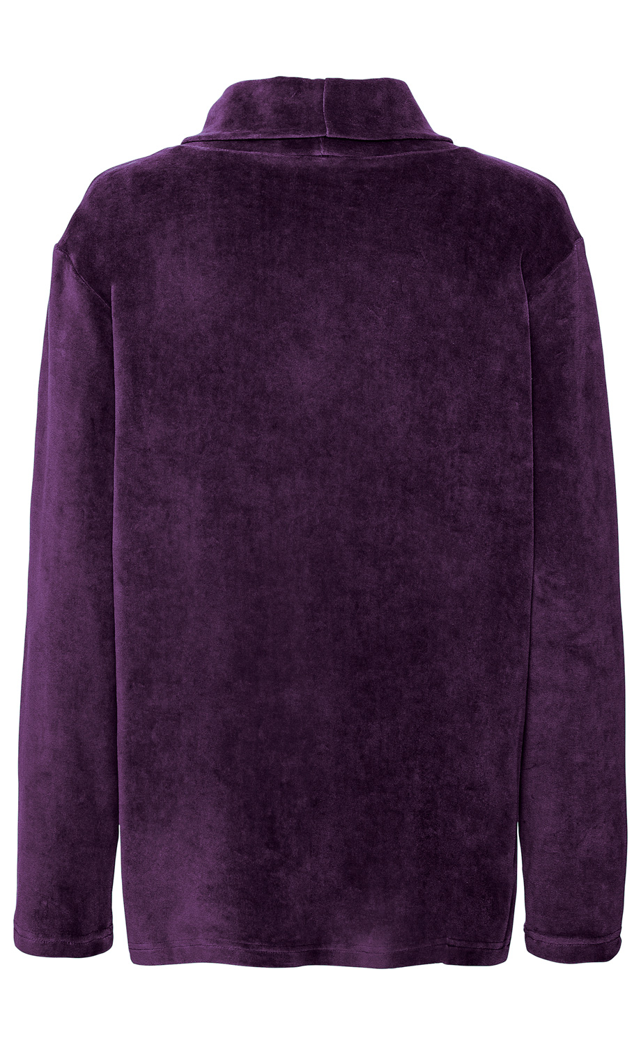 lila langärmeliges Fleece-Oberteil mit hohem Kragen, Rückansicht, weiches flauschiges Material, schlichtes Design