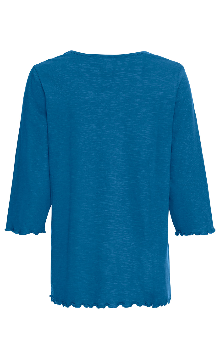 Blaues Baumwoll-Shirt mit 3/4-Ärmeln, gewelltem Saum an Ärmel- und unterem Rand, Rückseite dargestellt, leichte Struktur im Stoff, klassischer Rundhalsausschnitt