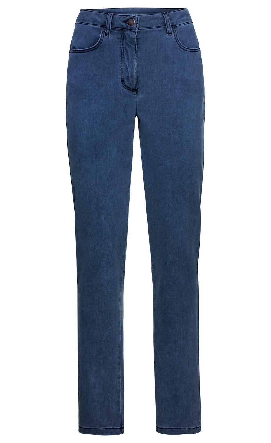 Dunkelblaue Baumwoll-Mix-Hose mit geradem Schnitt, zwei vorderen Taschen, Gürtelschlaufen und Knopfverschluss, frontale Nahtdetails, einfache Saumkante, moderne Passform