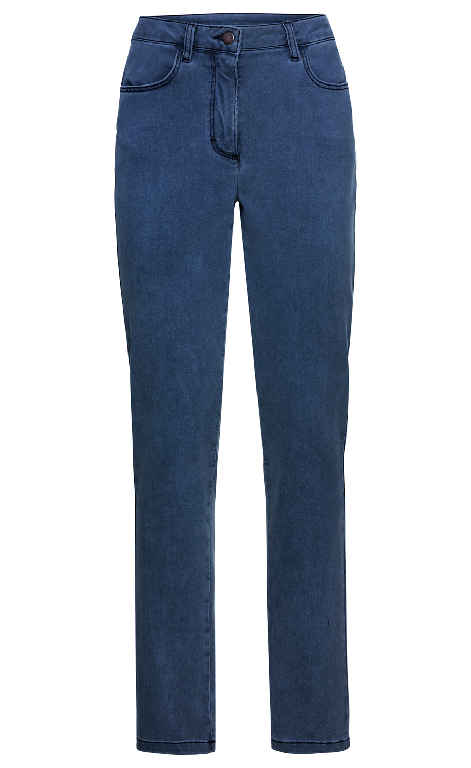 Dunkelblaue Baumwoll-Mix-Hose mit geradem Schnitt, zwei vorderen Taschen, Gürtelschlaufen und Knopfverschluss, frontale Nahtdetails, einfache Saumkante, moderne Passform