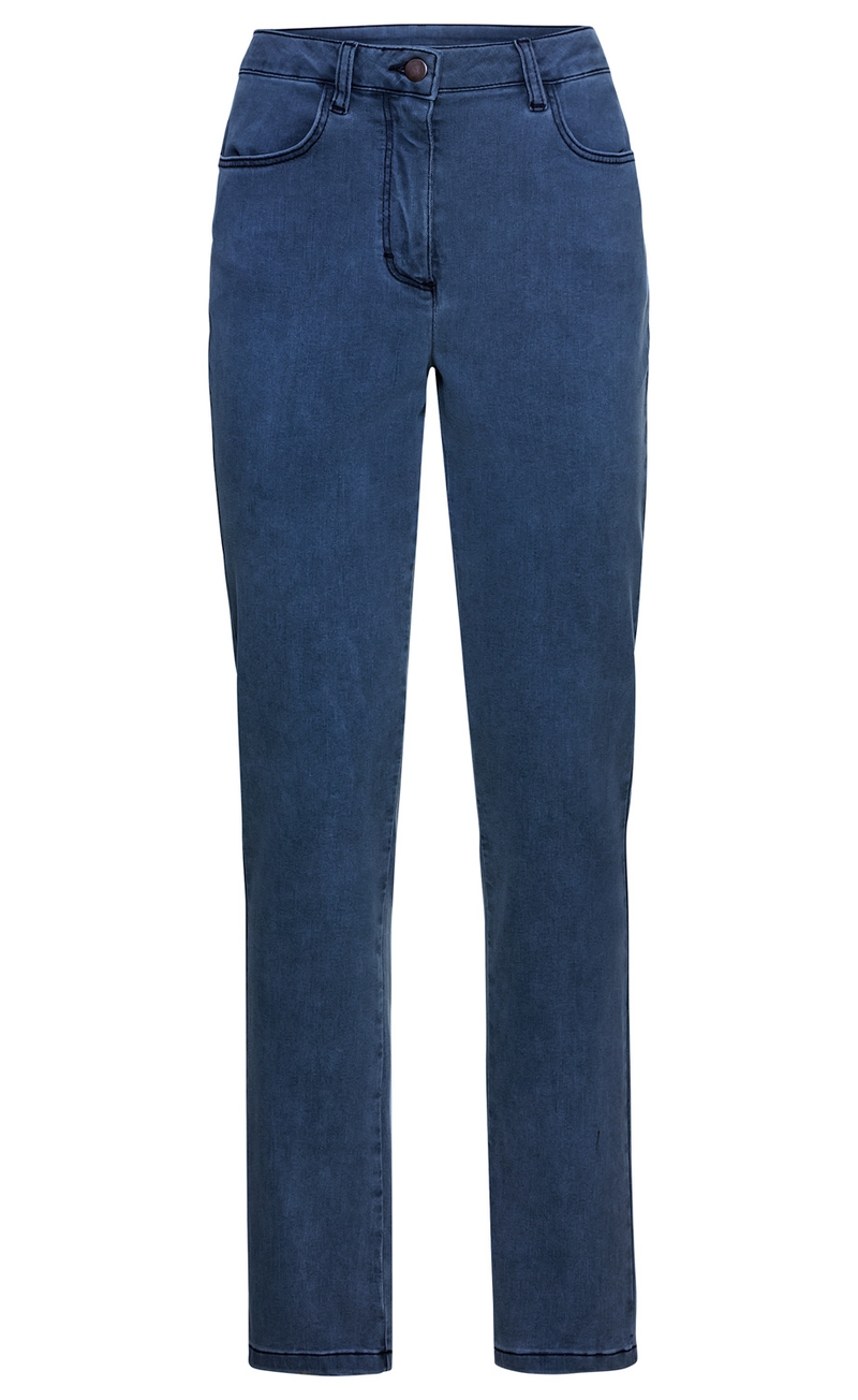Dunkelblaue Baumwoll-Mix-Hose mit geradem Schnitt, zwei vorderen Taschen, Gürtelschlaufen und Knopfverschluss, frontale Nahtdetails, einfache Saumkante, moderne Passform