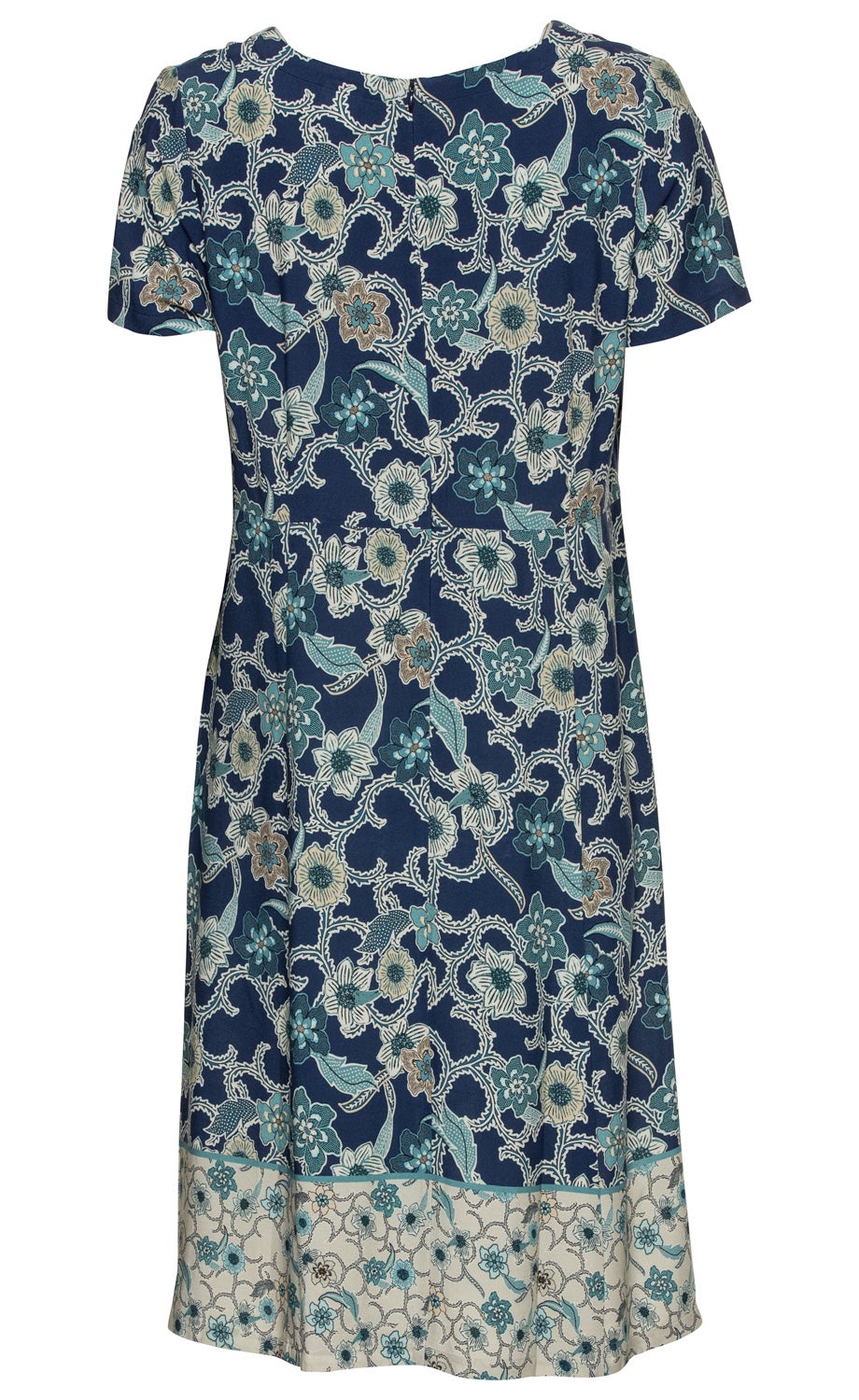 Blaues Viskose-Kleid mit kurzen Ärmeln, floralem Muster in Blau-, Beige- und Grüntönen und hellem Saum mit kleinem Blumenprint, A-Linien-Schnitt, Rückansicht