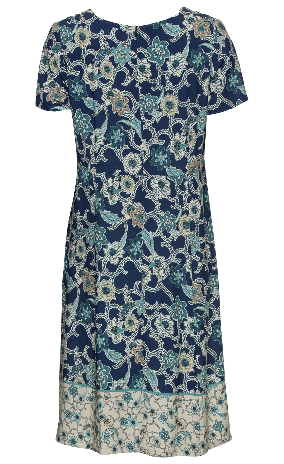 Blaues Viskose-Kleid mit kurzen Ärmeln, floralem Muster in Blau-, Beige- und Grüntönen und hellem Saum mit kleinem Blumenprint, A-Linien-Schnitt, Rückansicht