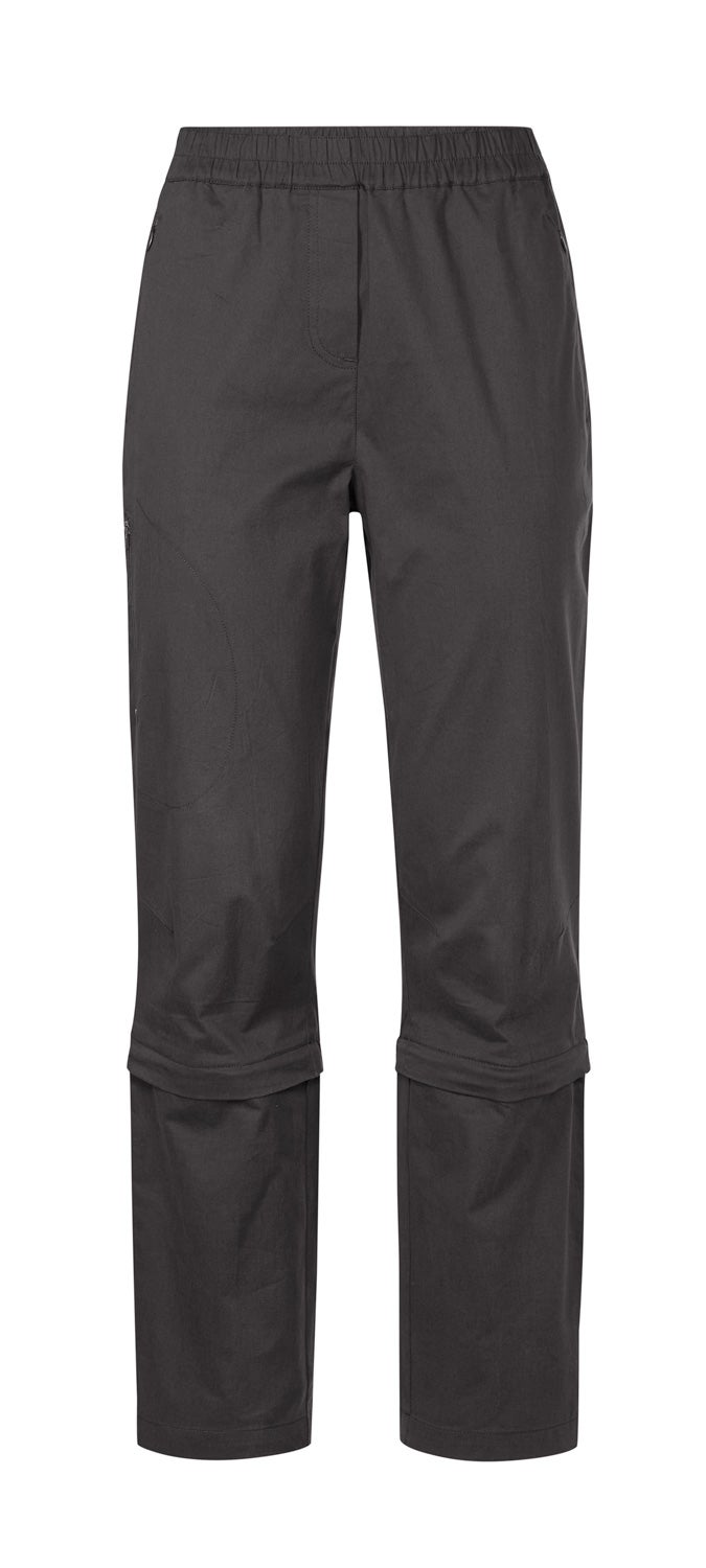 dunkelgraue Baumwoll-Mix-Hose mit elastischem Bund und abnehmbaren Beinteilen, gerade geschnitten, mit seitlichen Eingrifftaschen und verdecktem Reißverschluss, sportive Outdoor-Hose