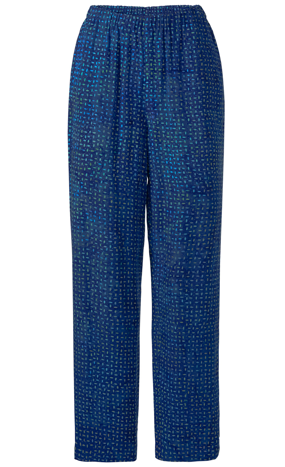 Blaue Viskose-Hose mit elastischem Bund und allover kleinem Muster in hellblau und grün, gerade geschnitten, locker sitzend