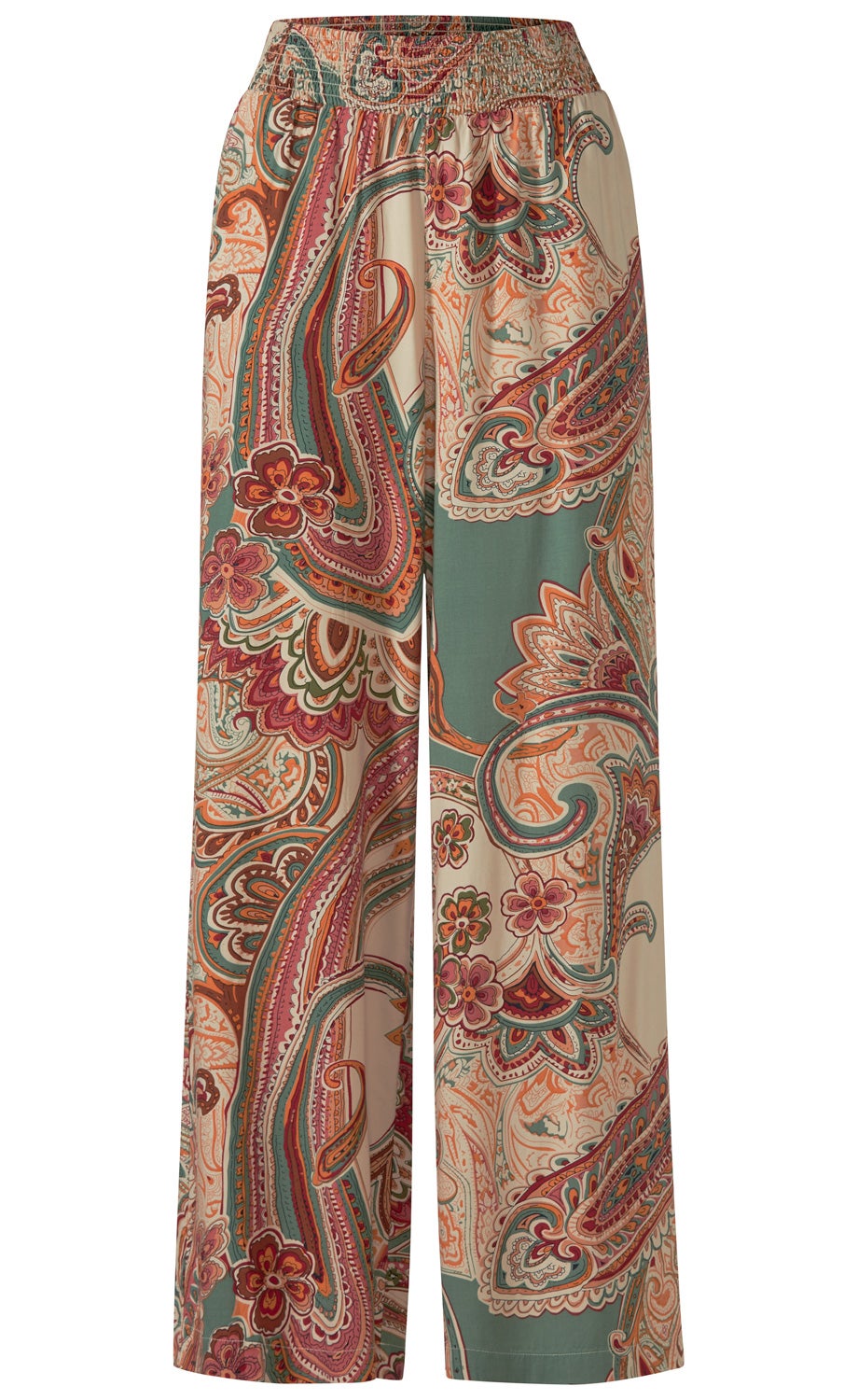 weit geschnittene Modal-Hose mit elastischem Bund, beige Grundfarbe, buntem Paisley- und Blumenmuster in Orange, Grün, Rot und Braun, locker fallender Stoff, leichte Sommerhose