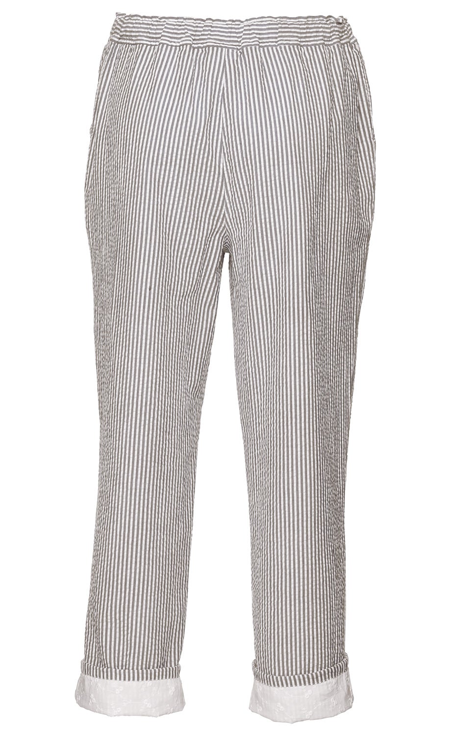 Baumwoll-Hose mit grauen und weißen vertikalen Streifen, elastischem Bund und umgeschlagenen Hosenbeinen mit weißem, besticktem Saumabschluss.