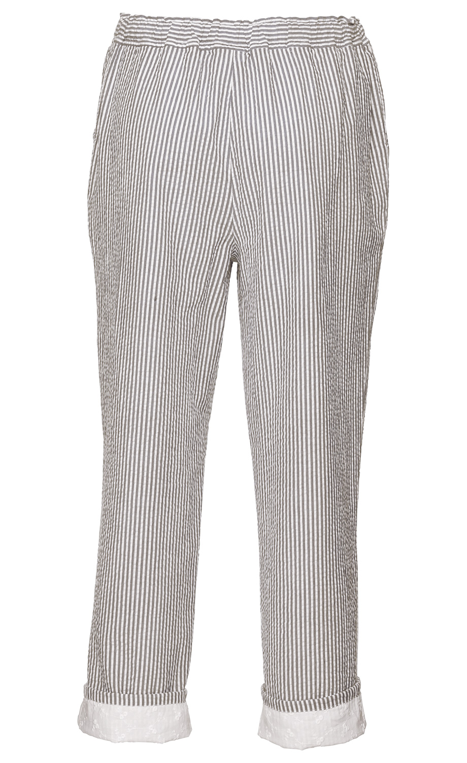 Baumwoll-Hose mit grauen und weißen vertikalen Streifen, elastischem Bund und umgeschlagenen Hosenbeinen mit weißem, besticktem Saumabschluss.