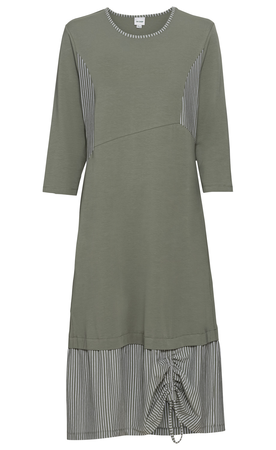 Baumwoll-Mix-Kleid in Olivgrün mit 3/4-Ärmeln, Rundhals, seitlichen gestreiften Einsätzen und gestreiftem Unterteil mit gerafftem Detail, knieumspielende Länge