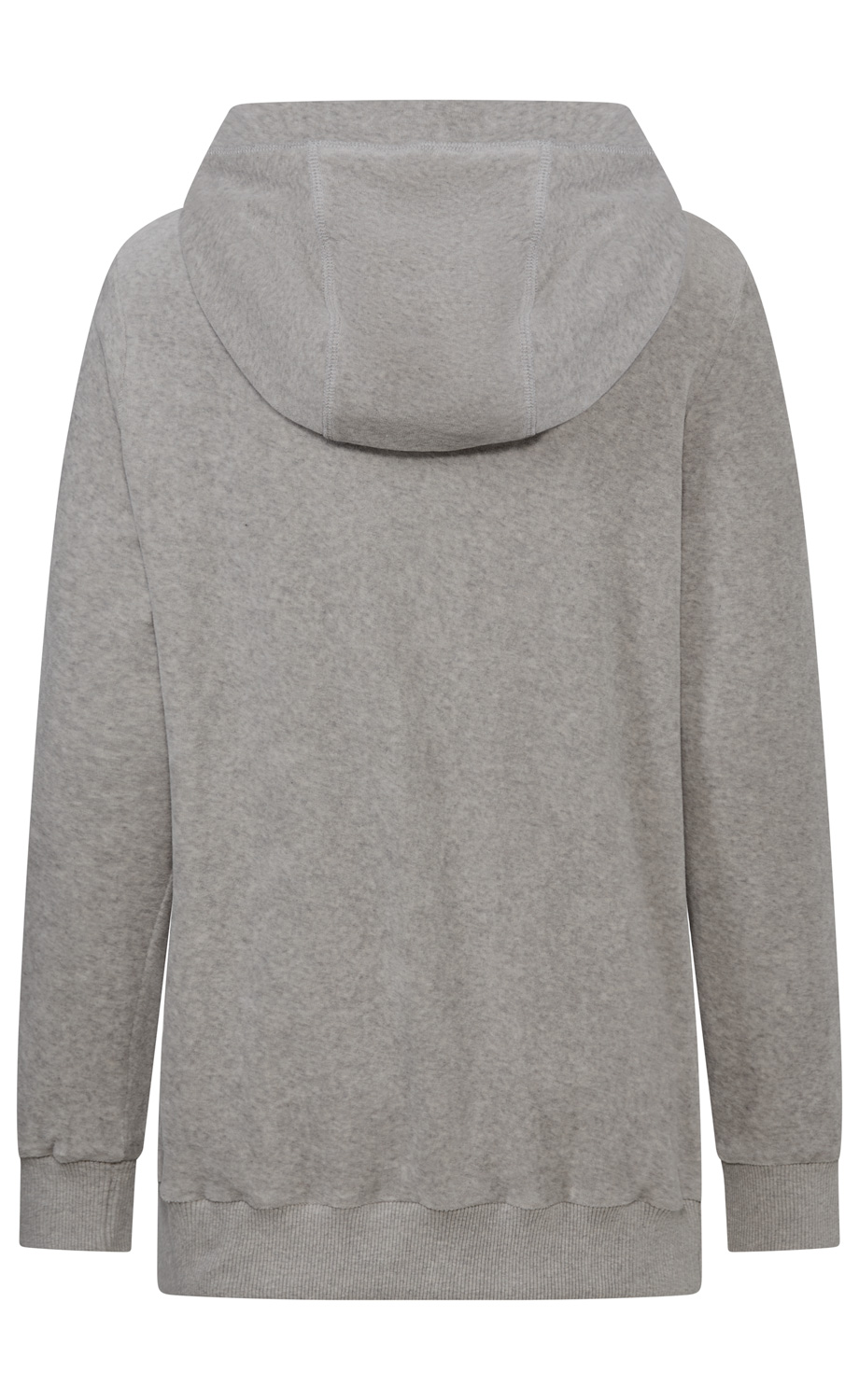 grauer Kapuzenpullover aus weichem Stoff, Rückansicht, lange Ärmel, gerippte Bündchen an Ärmeln und Saum, schlichter Stil ohne Muster oder Logos, gemütliche Passform