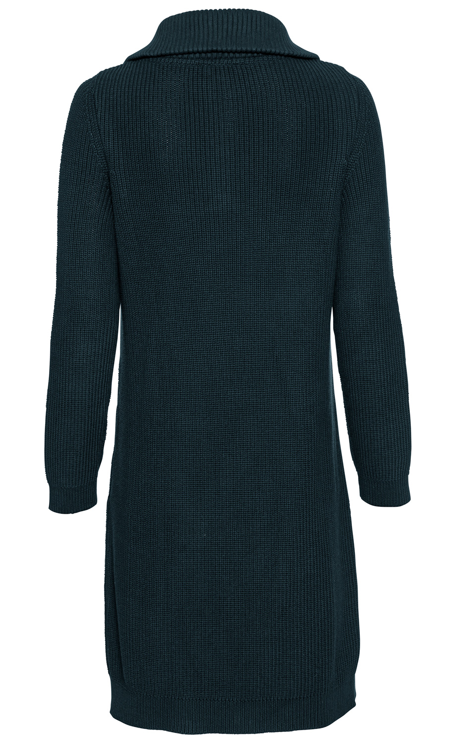 Baumwoll-Kleid in Dunkelblau, langärmelig, gerader Schnitt, gerippte Strickstruktur, umgeschlagener Kragen, Saum mit seitlichen Schlitzen, Rückenansicht