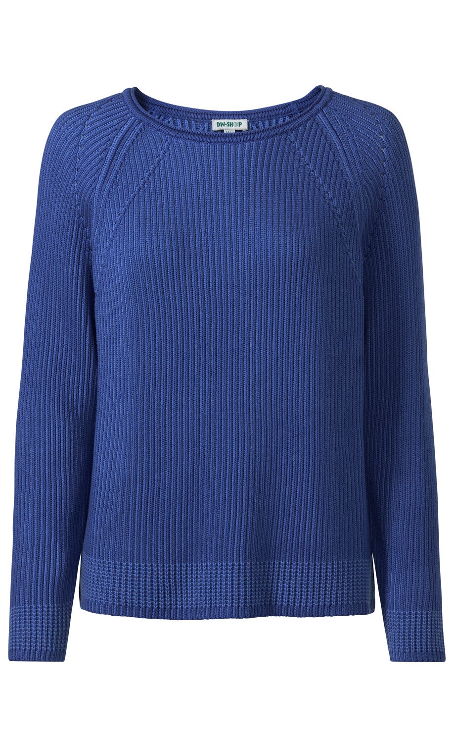Blauer Baumwoll-Pullover mit rundem Ausschnitt, langärmlig, feine Rippstrickstruktur, leicht tailliert, Bündchen in strukturierter Optik am Saum und Ärmelenden, schlichtes Design, mittelblauer Farbton