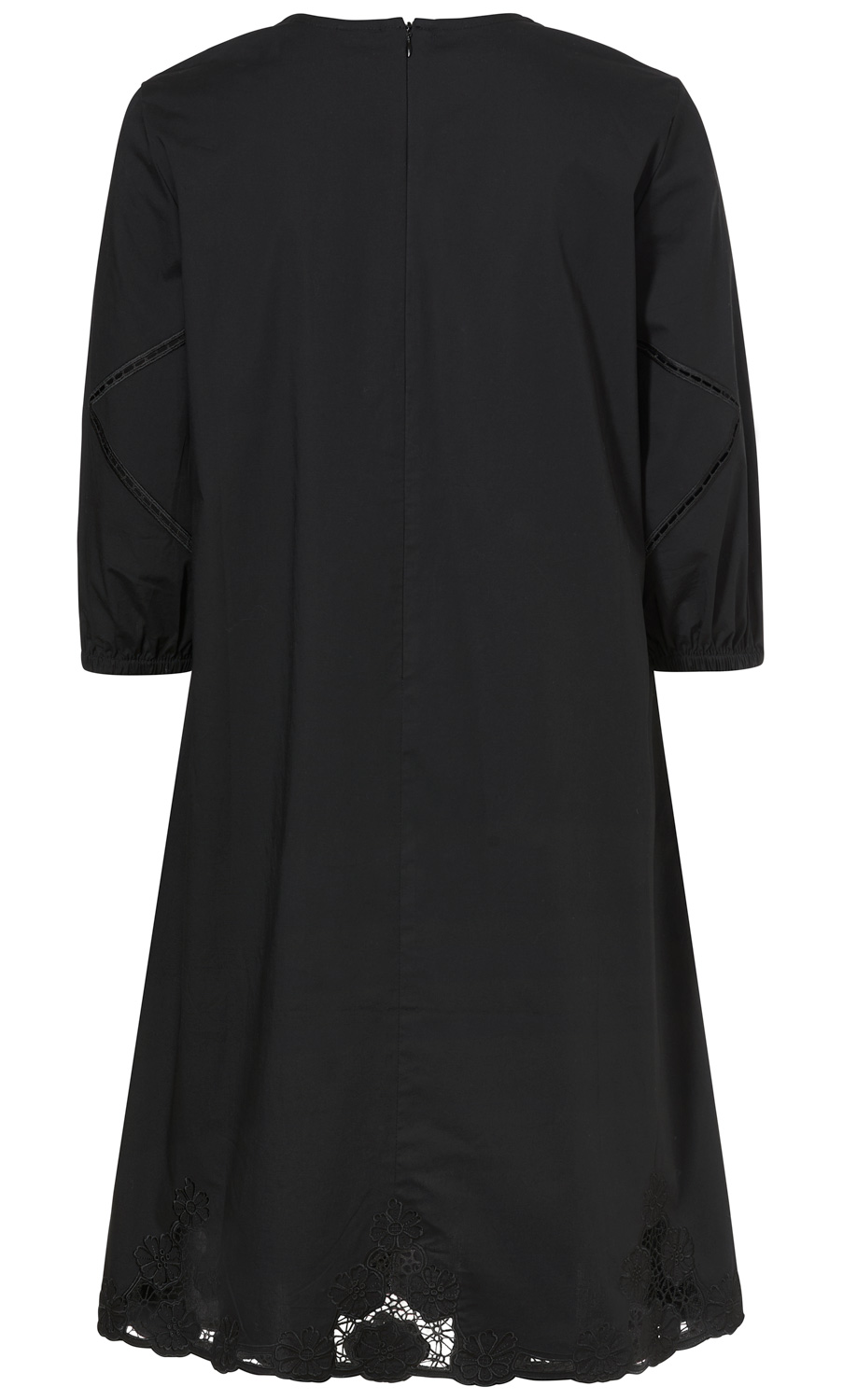 Schwarzes Baumwoll-Mix-Kleid Rückansicht mit 3/4-Ärmeln, feiner Spitze am Saum und transparenten Einsätzen an den Ärmeln, durchgehendem Reißverschluss hinten, lockerem Schnitt