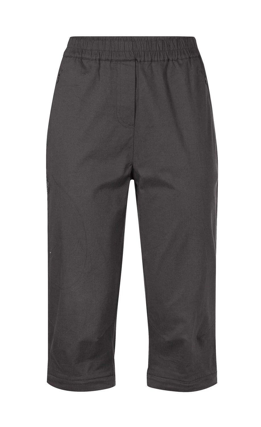 Dunkelgraue Baumwoll-Mix-Hose in 3/4-Länge mit elastischem Bund, seitlichen Reißverschlusstaschen und geradem Schnitt
