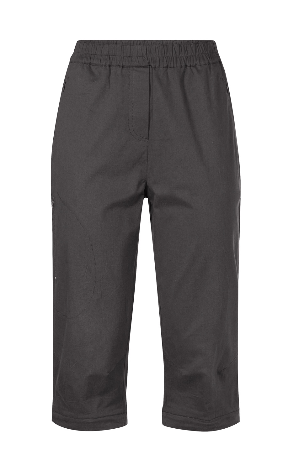 Dunkelgraue Baumwoll-Mix-Hose in 3/4-Länge mit elastischem Bund, seitlichen Reißverschlusstaschen und geradem Schnitt