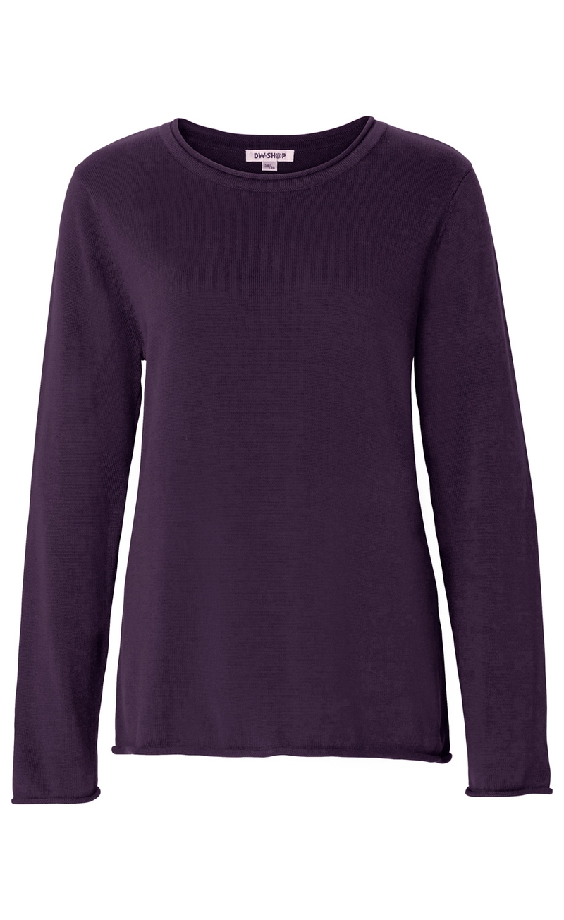 dunkellila Baumwoll-Pullover für Damen mit Rundhalsausschnitt und langen Ärmeln, schlichtes Design, leichte Struktur, gerade Passform, elastischer Saumabschluss, weiches Material