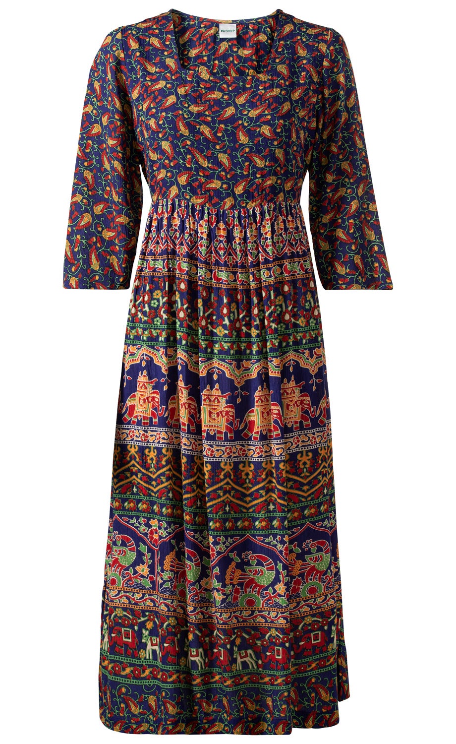 Viskose-Kleid mit 3/4-Ärmeln, knielang, dunkelblauer Grundfarbe, bunter ethnischer Musterdruck mit Blumen, Elefanten und Paisley-Elementen, leicht tailliert, weit fallender Rock
