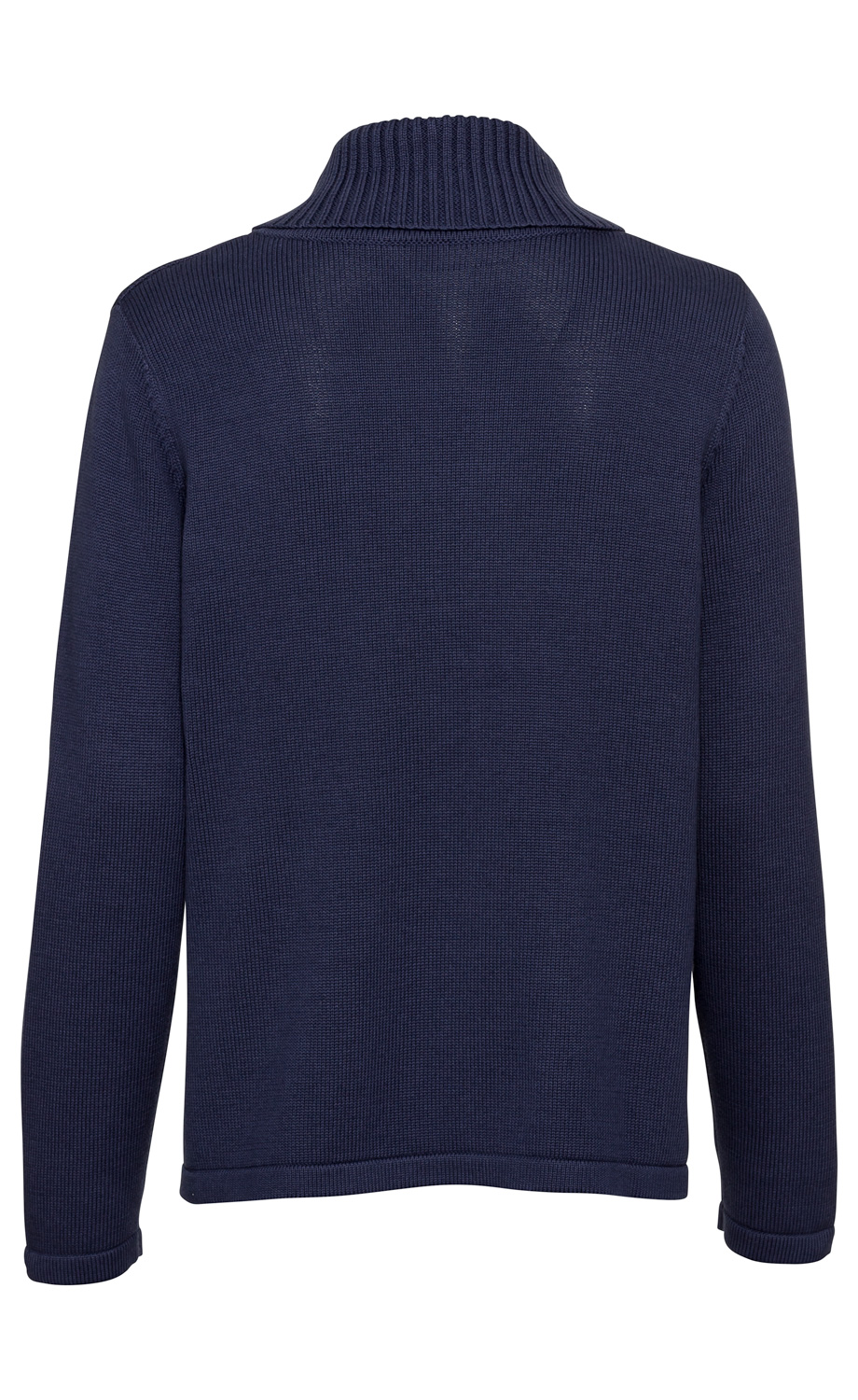 Dunkelblauer Baumwoll-Pullover mit langem Arm, geripptem Stehkragen und feiner Strickstruktur, Rückansicht
