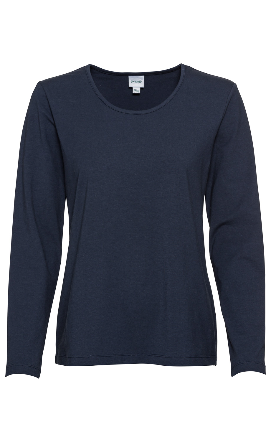 Damen Baumwoll-Mix-Shirt in Dunkelblau mit Rundhalsausschnitt und langen Ärmeln, schlichtes Design, gerade geschnitten, Etikett im Nacken sichtbar