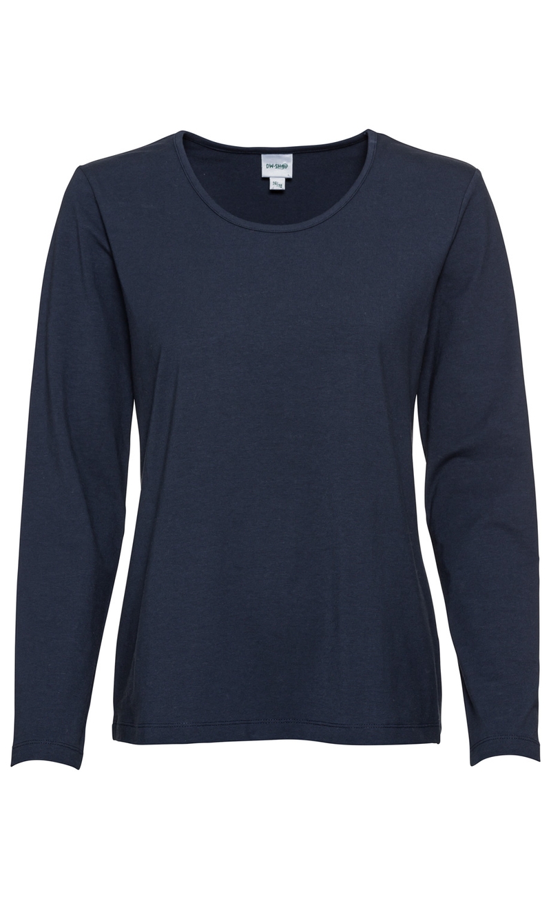 Damen Baumwoll-Mix-Shirt in Dunkelblau mit Rundhalsausschnitt und langen Ärmeln, schlichtes Design, gerade geschnitten, Etikett im Nacken sichtbar