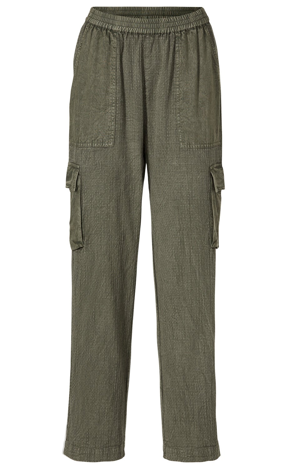 Baumwoll-Mix-Hose in Khaki, gerade geschnitten, mit elastischem Bund, zwei aufgesetzten Taschen vorne und zwei seitlichen Cargo-Taschen mit Klappe, strukturiertes Material, legerer Stil