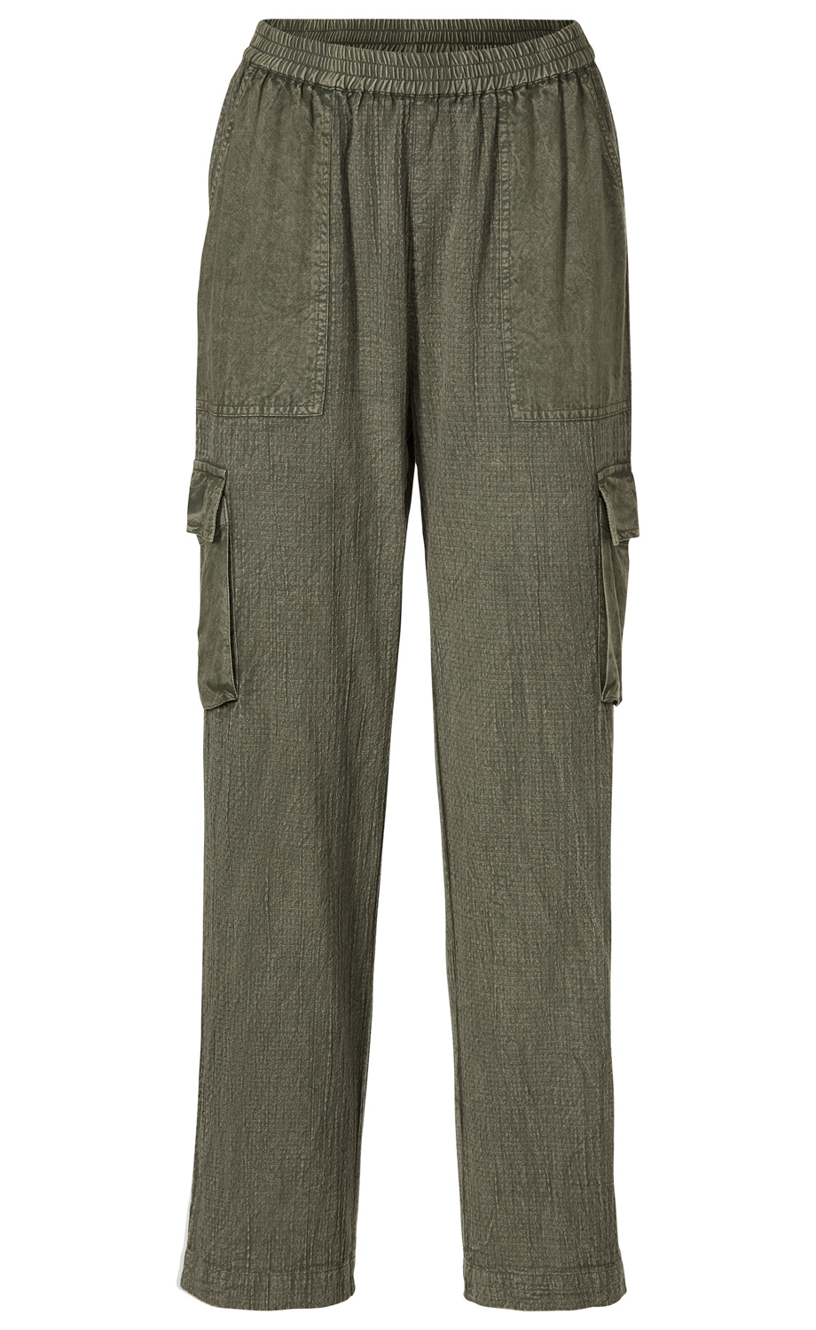 Baumwoll-Mix-Hose in Khaki, gerade geschnitten, mit elastischem Bund, zwei aufgesetzten Taschen vorne und zwei seitlichen Cargo-Taschen mit Klappe, strukturiertes Material, legerer Stil