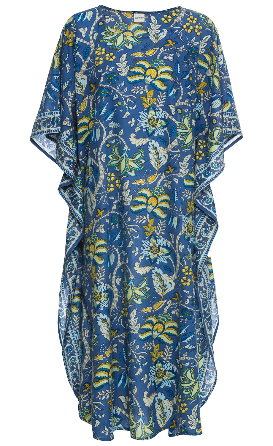 Blauer Baumwoll-Kaftan mit kurzem Arm, allover floralem Muster in Gelb, Weiß und verschiedenen Blautönen, mit dekorativem Bordürendruck entlang der Saumkanten, lockere Passform