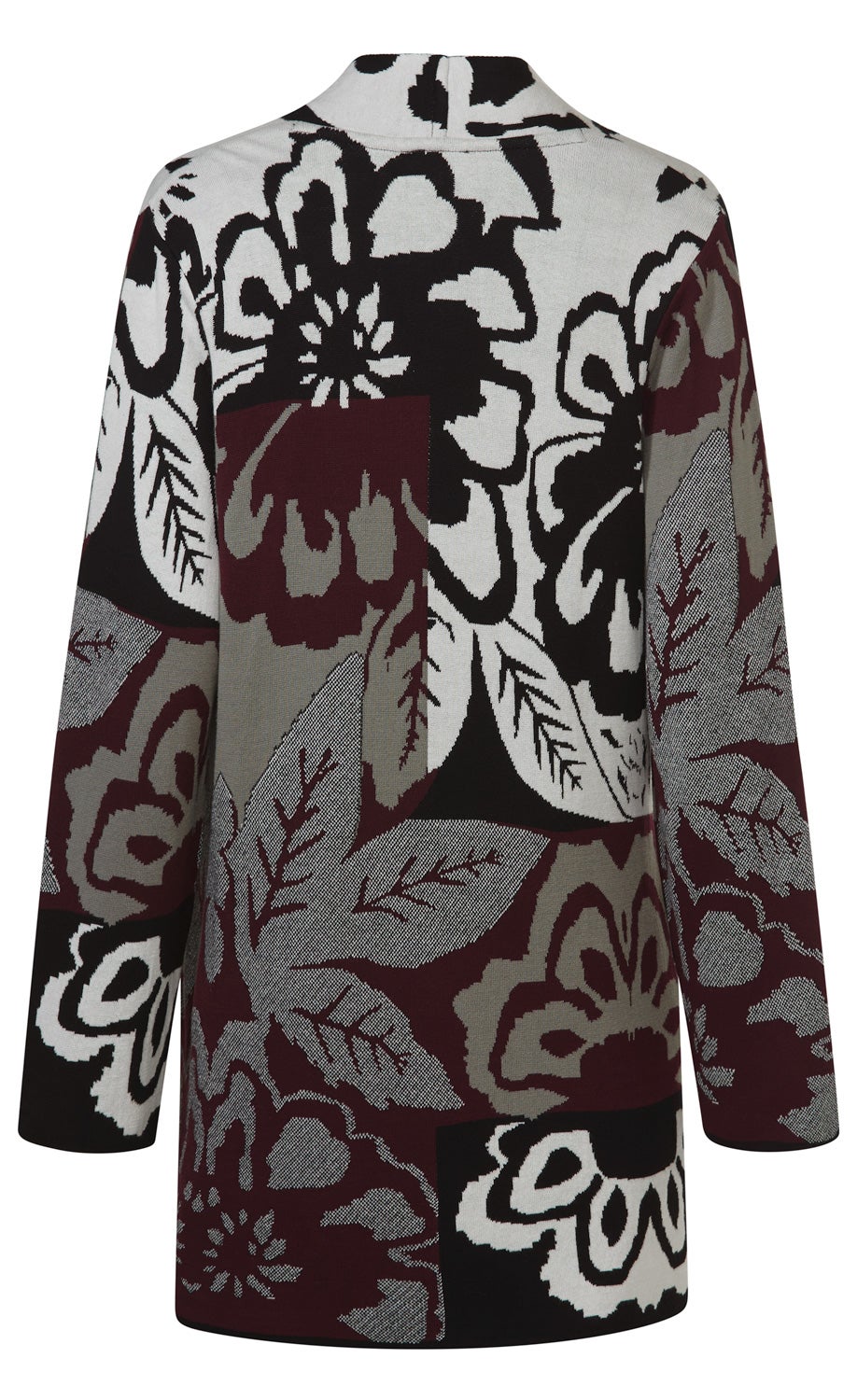 Baumwoll-Mix-Strickjacke mit langem Arm, schwarzen, weißen, grauen und weinroten großflächigen floralen Mustern, von hinten, gerader Schnitt, Stehkragen.