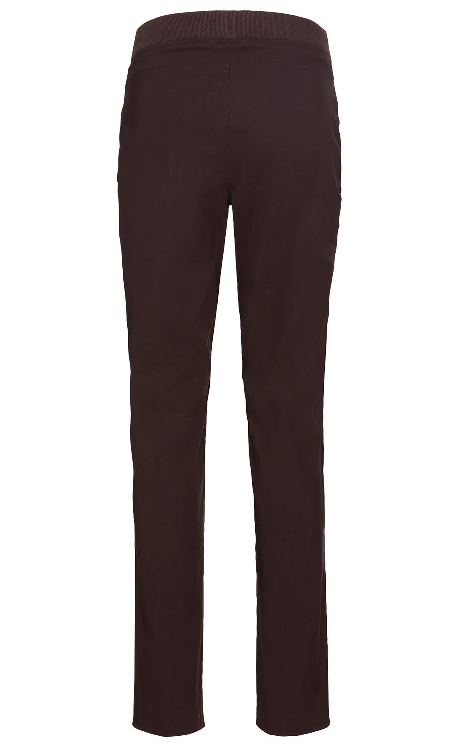 dunkelbraune Viskose-Mix-Hose mit elastischem Bund, gerade geschnitten, aus glattem Stoff, Rückansicht, ohne sichtbare Taschen, lange Beine, schlichte und elegante Damenhose
