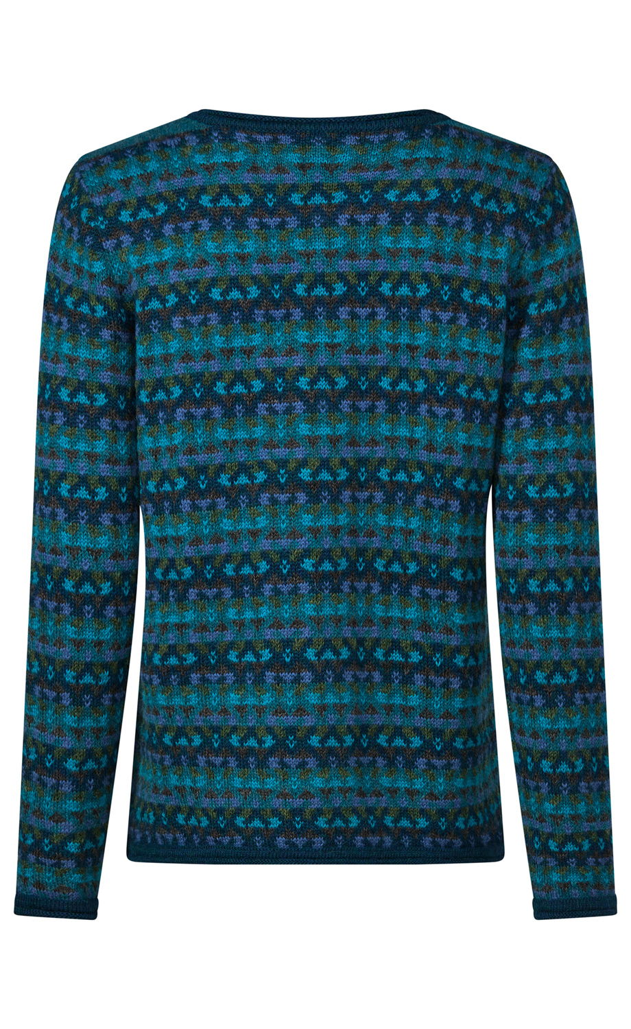 Rückansicht eines langärmligen, gestrickten Pullovers mit Rundhalsausschnitt, gemustert in verschiedenen Blau- und Grüntönen mit kleinen, geometrischen Motiven über den gesamten Stoff verteilt.