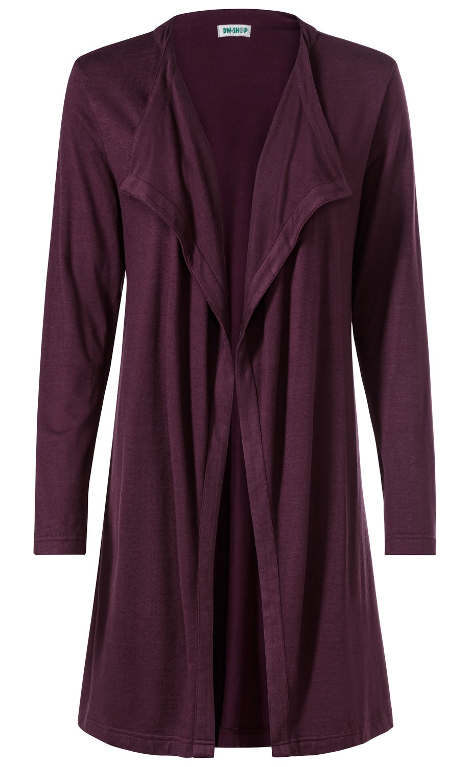 Violette, langärmelige Viskose-Jacke mit offenem Wasserfallkragen, locker fallend, knielang, schlicht, ohne Verschluss, fein strukturierter Stoff