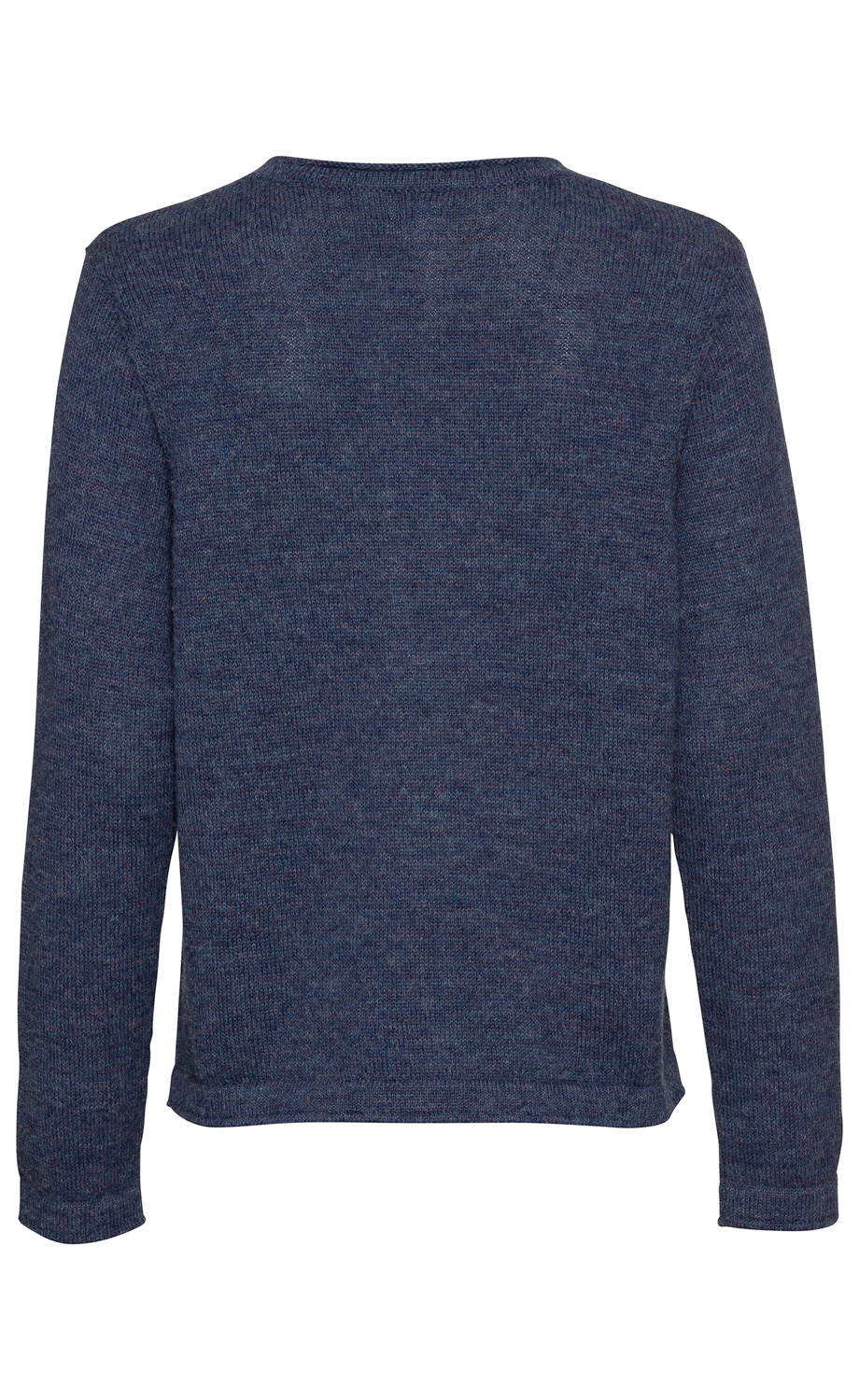 dunkelblauer Alpaka-Pullover, Rückansicht, lange Ärmel, schlichter Rundhalsausschnitt, feine Strickstruktur, gerade geschnittener Bund, weiches, kuscheliges Material