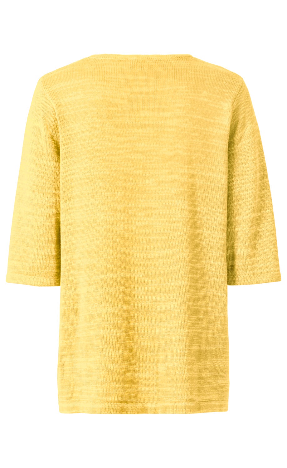 Baumwoll-Pullover in Gelb, Rückansicht, mittellanger Arm, feine Strickstruktur, lässiger Schnitt, schlichtes Design, weiches Material
