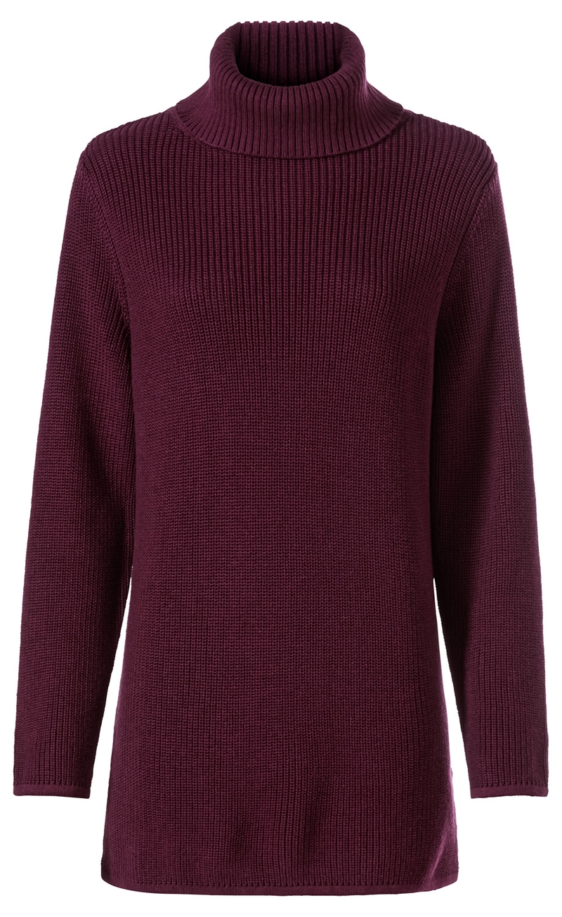 Baumwoll-Mix-Pullover mit Rollkragen, lange Ärmel, grob gestrickt, dunkelviolett, gerade Form, angenehmer Tragekomfort, für kalte Tage geeignet