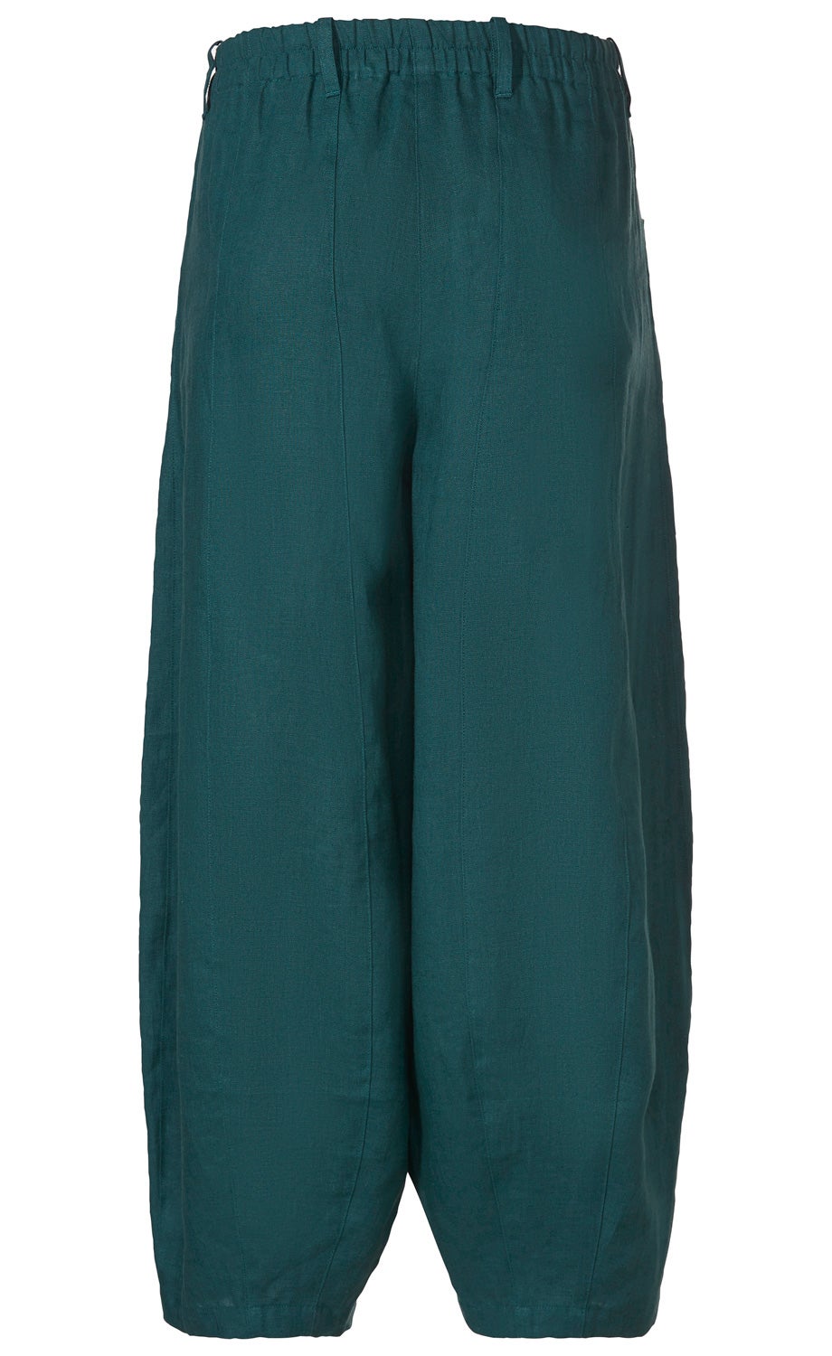 Dunkelgrüne Leinen-Hose mit elastischem Bund, weitem Beinverlauf und lockerem Sitz, knöchellang, schlichtes Design ohne Muster oder Applikationen, ideal für lässige Sommeroutfits