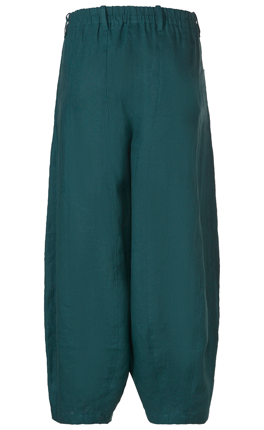 Dunkelgrüne Leinen-Hose mit elastischem Bund, weitem Beinverlauf und lockerem Sitz, knöchellang, schlichtes Design ohne Muster oder Applikationen, ideal für lässige Sommeroutfits