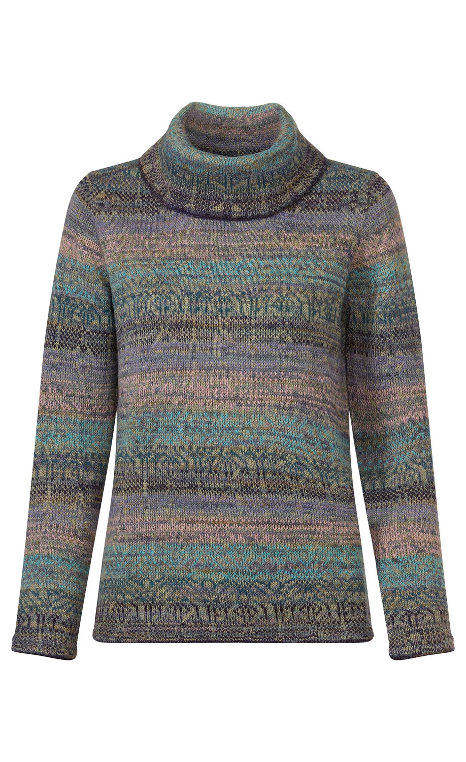Gemusterter Alpaka-Pullover mit Rollkragen, langer Arm, in gedeckten Farben wie Blau, Grün, Lila und Braun, gestrickt mit einem mehrfarbigen, dezenten Streifen- und Strukturmuster, sportlich und warm.